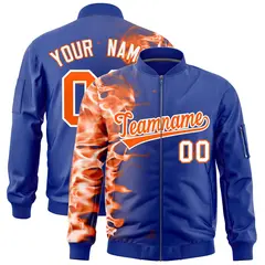 Royal 3D Flame Full-Zip Varsity Letterman Bomber Jacket 1