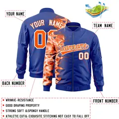 Royal 3D Flame Full-Zip Varsity Letterman Bomber Jacket 2
