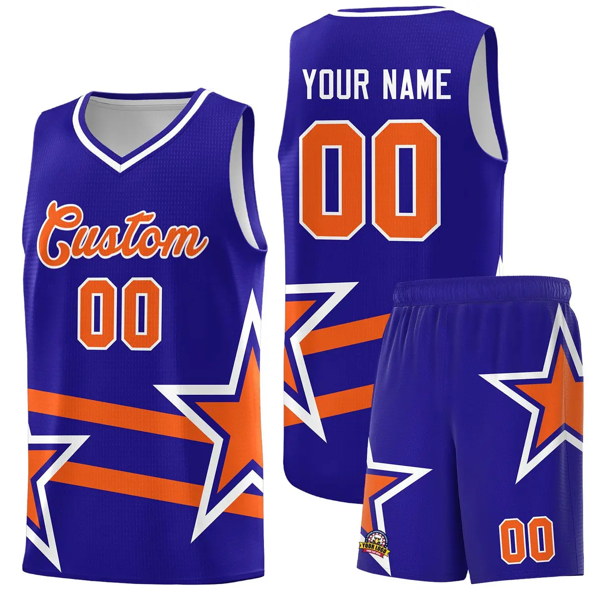 Royal Basketball Kits Orange Star Pattern And Double Lines