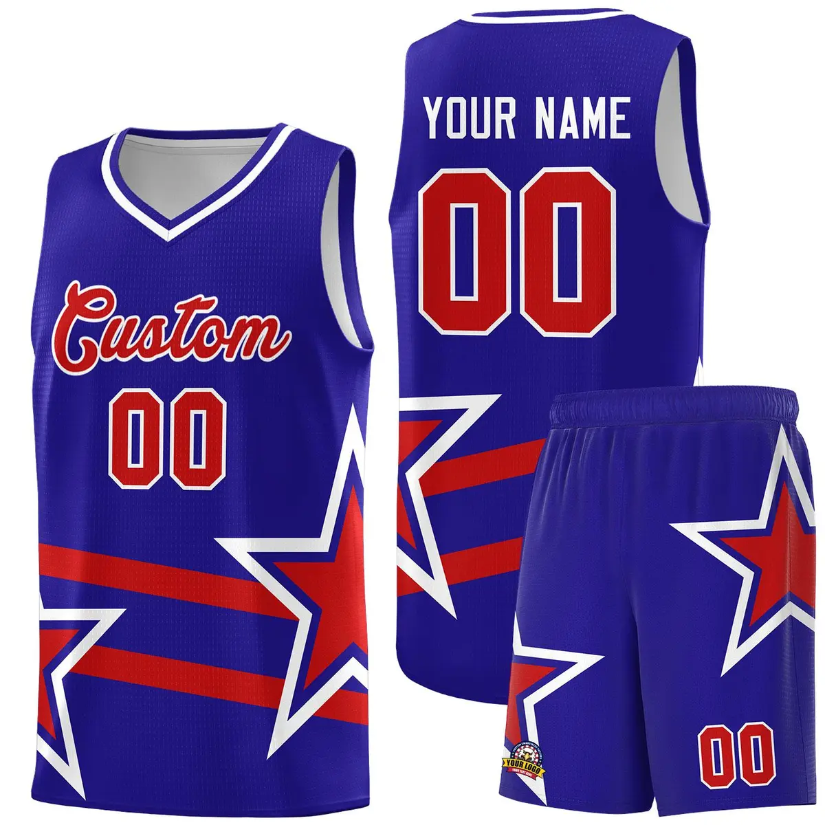 Royal Basketball Kits Red Star Pattern And Double Lines