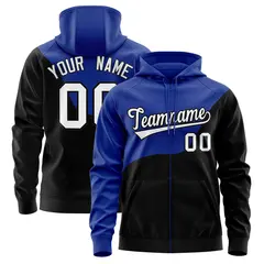 Royal Black Color Block Wave Varsity Full-Zip Letterman Jacket Hoodie