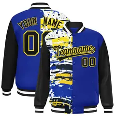 Royal Black Graffiti Pattern Varsity Full-Snap Letterman Baseball Jacket 1