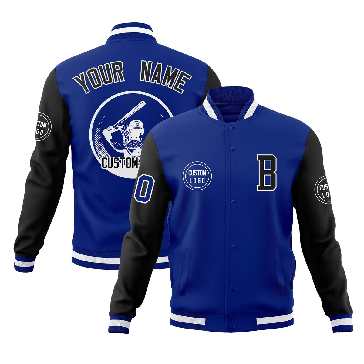 Royal Black Raglan Full-Snap Varsity Letterman Baseball Jacket