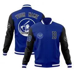 Royal Black Raglan Full-Snap Varsity Letterman Baseball Jacket