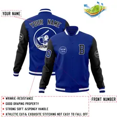 Royal Black Raglan Full-Snap Varsity Letterman Baseball Jacket 4