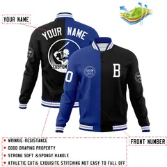 Royal Black Split Letterman Varsity Full-Snap Baseball Jacket 4