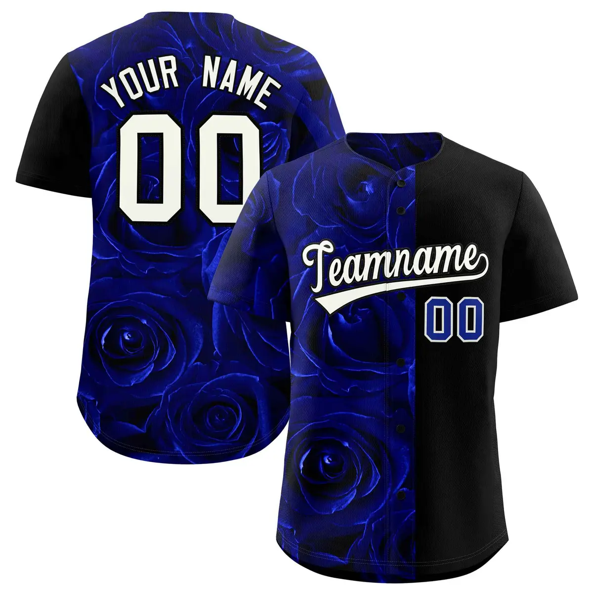 Royal Black Split Rose Print Baseball Jersey