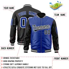 Royal Black Two-Tone Varsity Full-Zip Letterman Bomber Jacket 2
