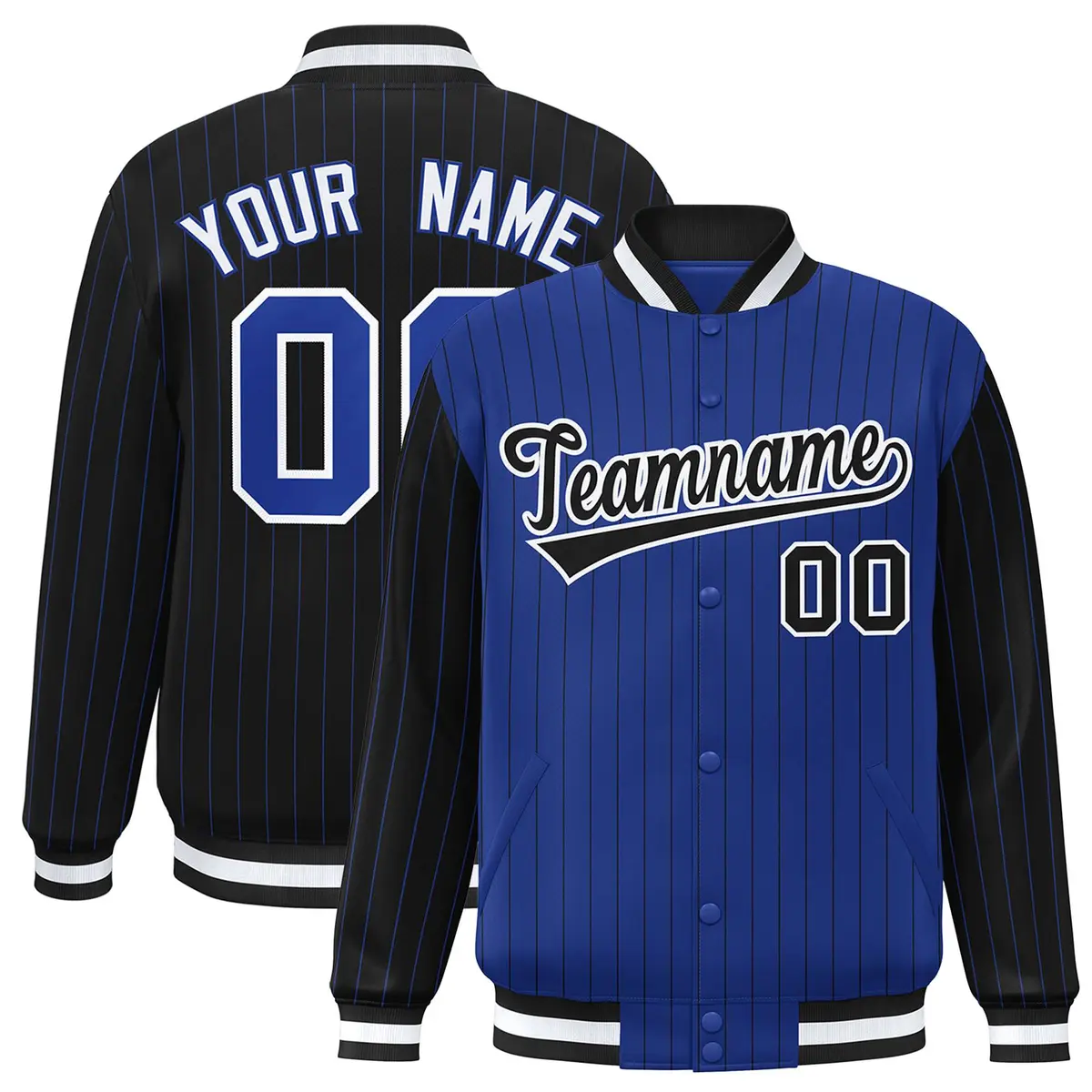 Royal Black Varsity Full-Snap Pinstripe Raglan Letterman Baseball Jacket