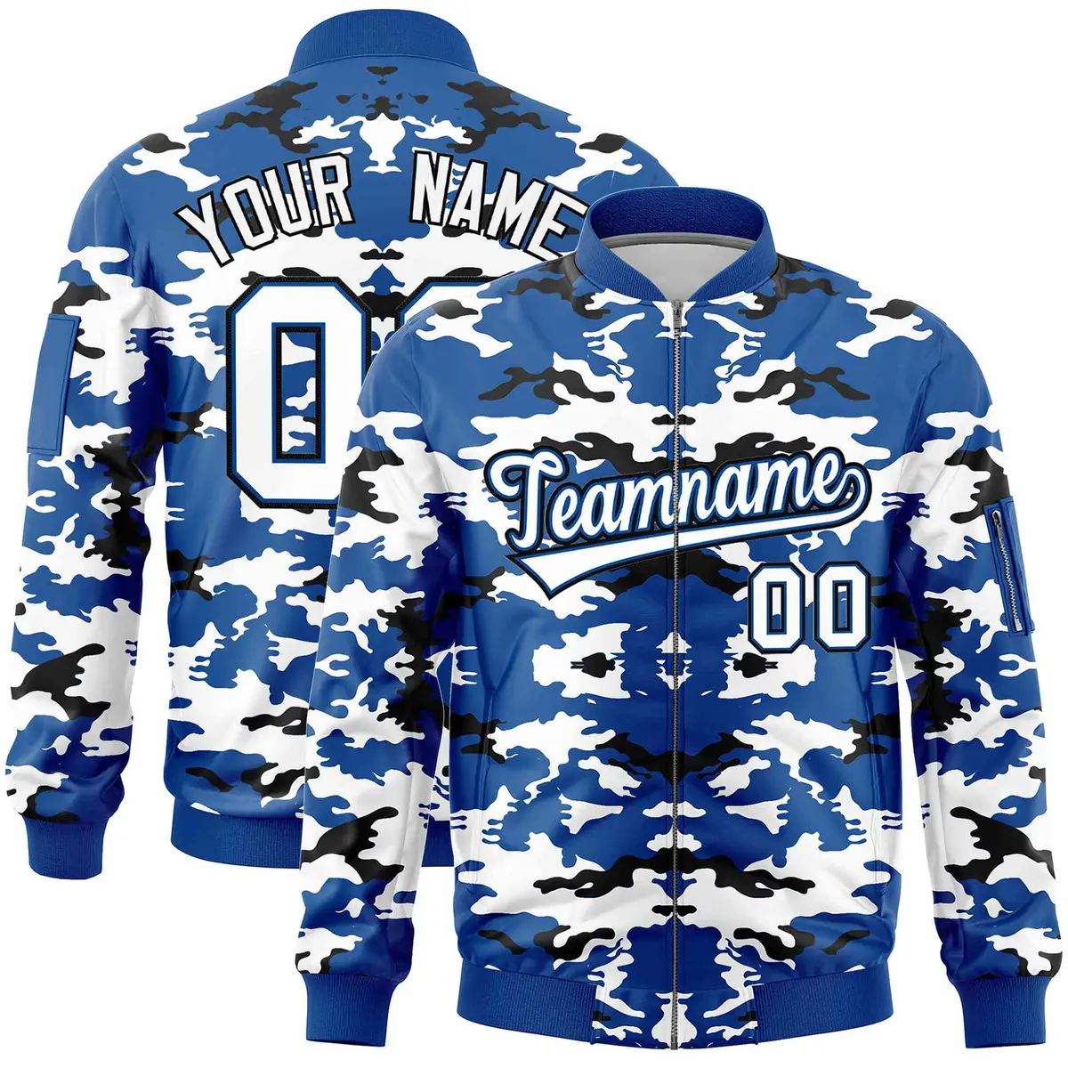 Royal Black-White Camo Full-Zip Letterman Bomber Jacket