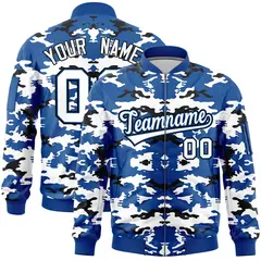 Royal Black-White Camo Full-Zip Letterman Bomber Jacket