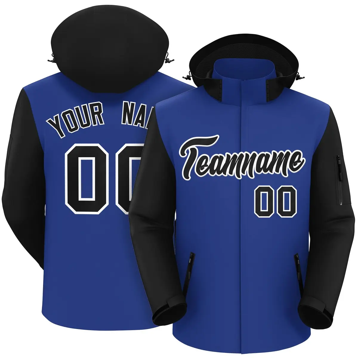 Royal Black-White Raglan Sleeves Waterproof Jacket