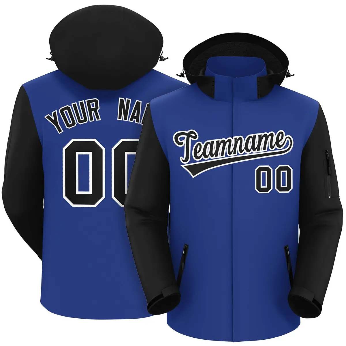 Royal Black-White Raglan Sleeves Waterproof Jacket