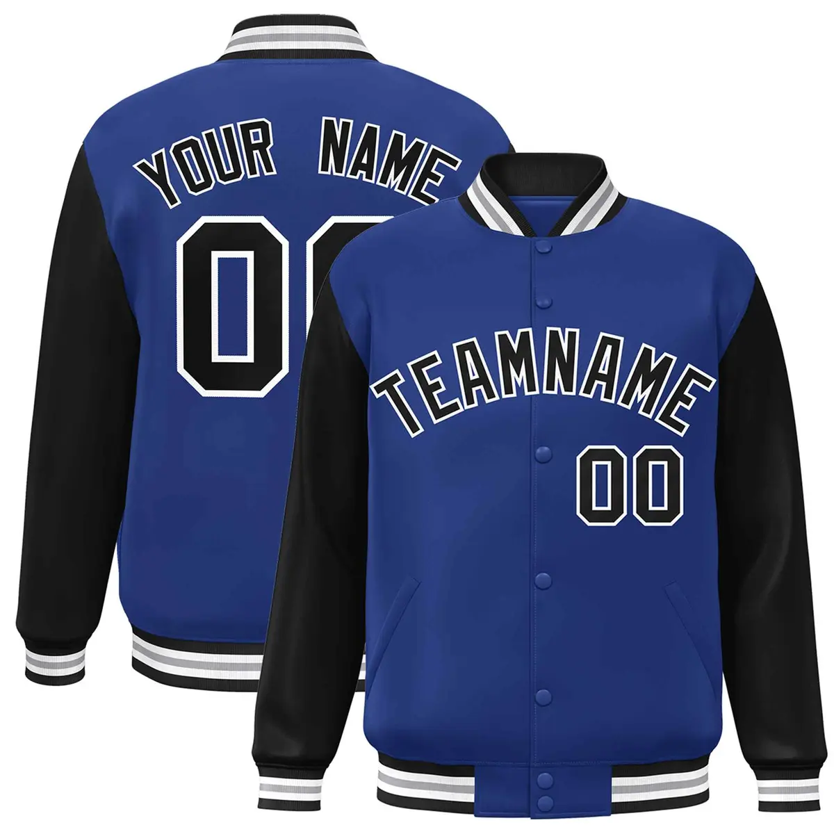 Royal Black-White Raglan Varsity Full-Snap Letterman Jacket