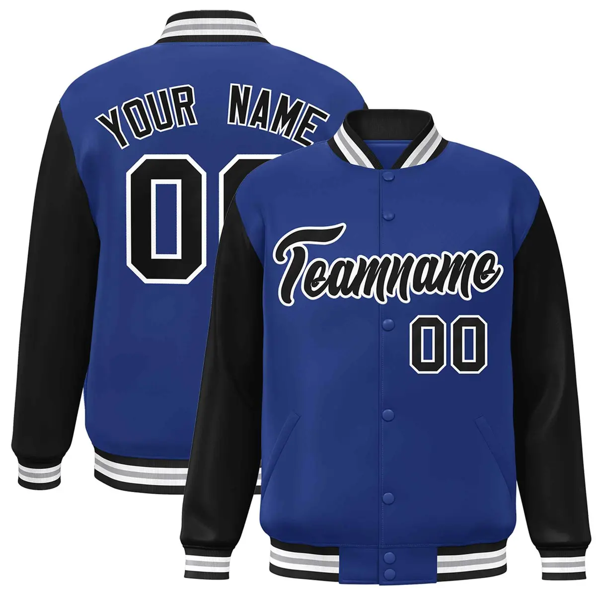 Royal Black-White Raglan Varsity Full-Snap Letterman Jacket