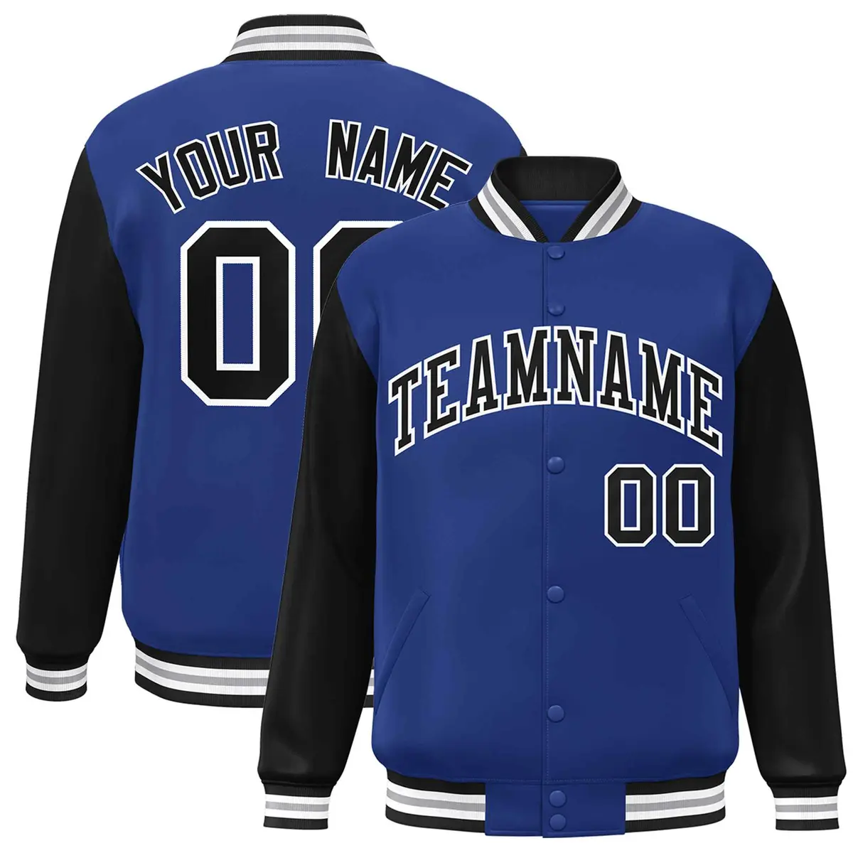 Royal Black-White Raglan Varsity Full-Snap Letterman Jacket