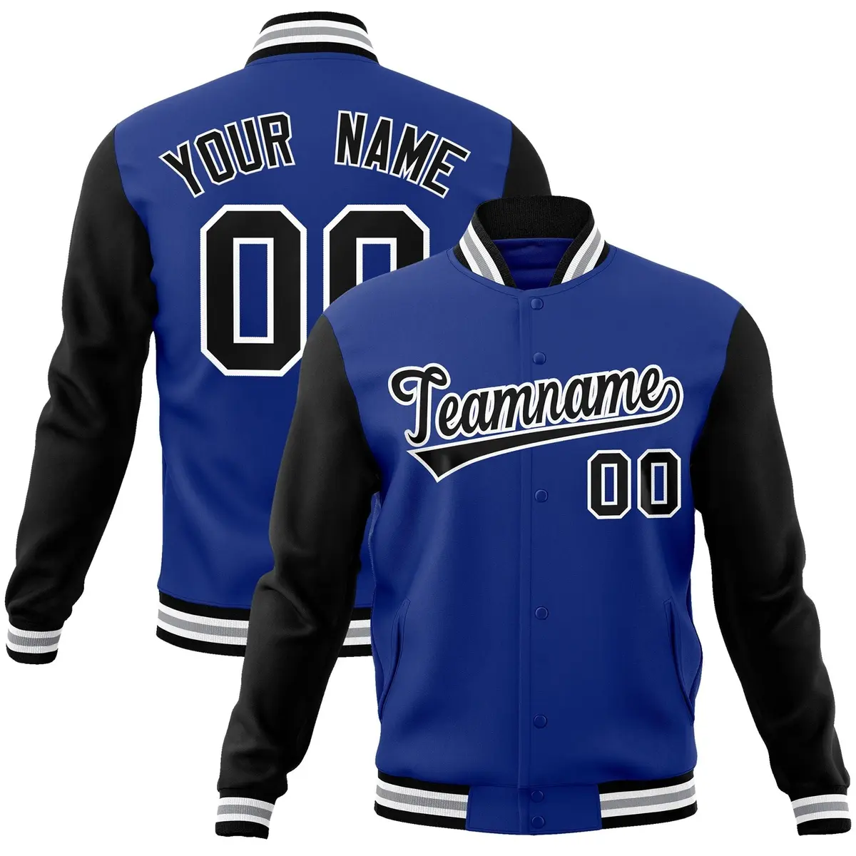 Royal Black-White Raglan Varsity Full-Snap Letterman Jacket