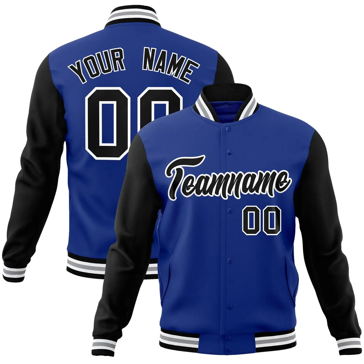 Royal Black-White Raglan Varsity Full-Snap Letterman Jacket