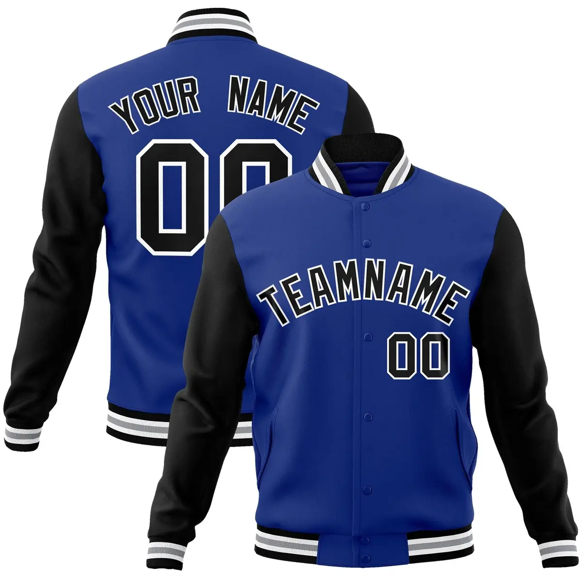 Royal Black-White Raglan Varsity Full-Snap Letterman Jacket