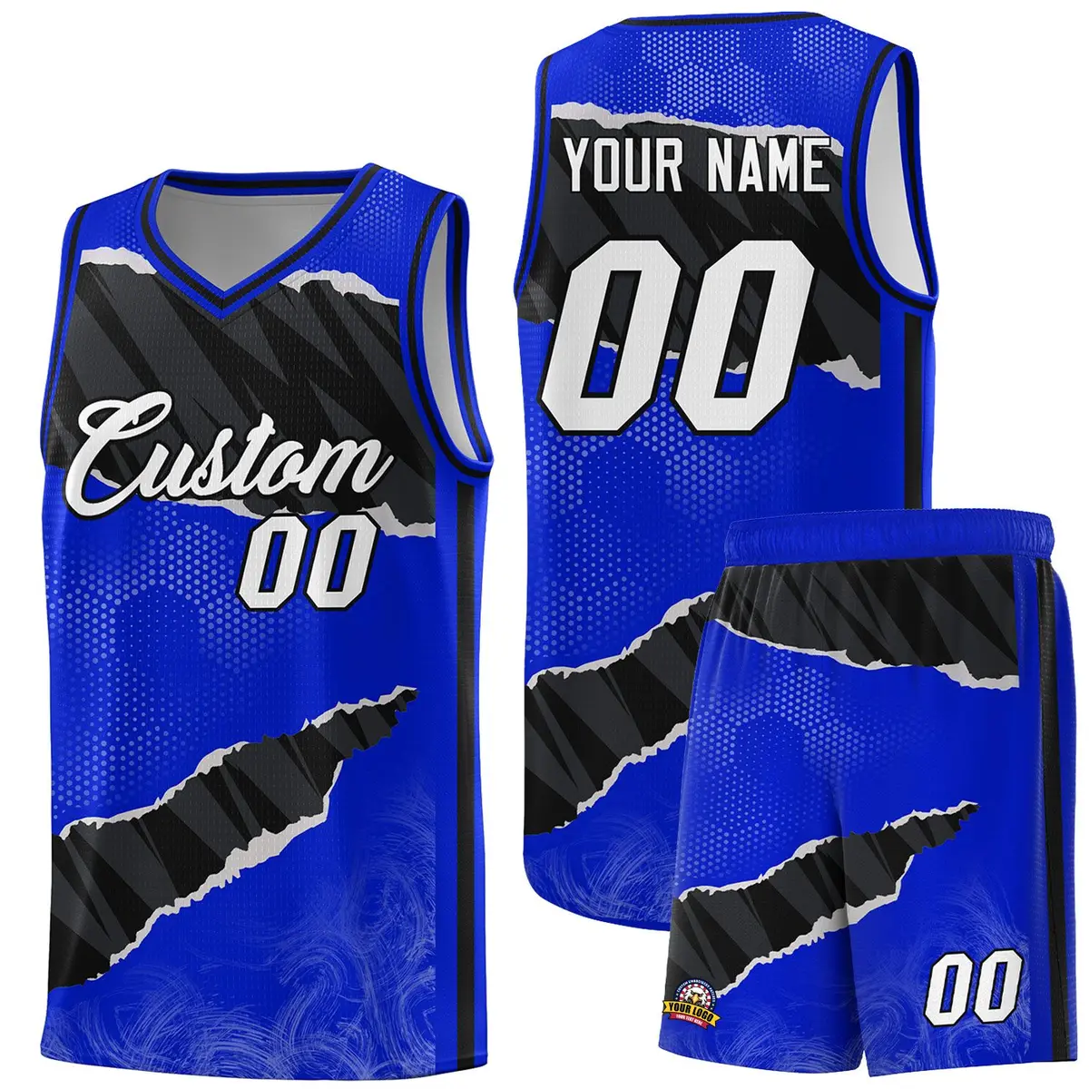 Royal Black-White Tear Graffiti Sports Basketball Jersey