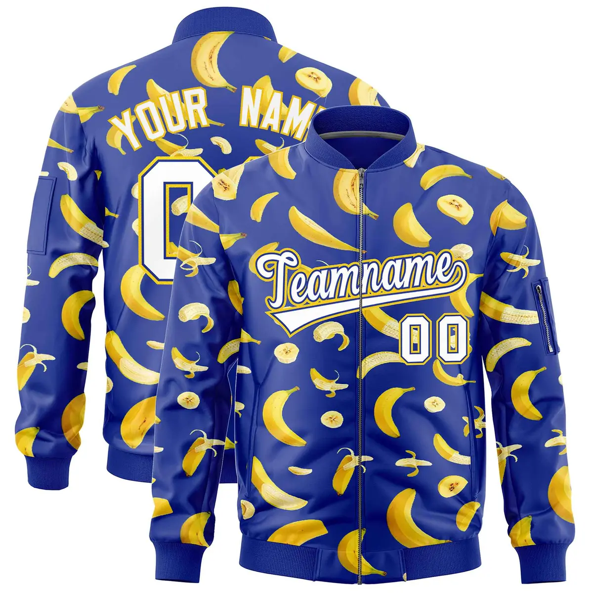 Royal Blue Banana Pattern Full-Zip Varsity Letterman Jacket