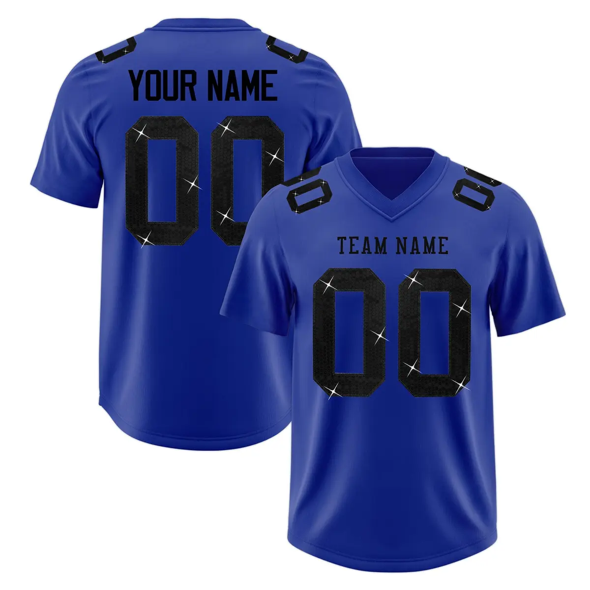 Royal Blue Black Sequin Lettering Moisture-Wicking Football Jersey