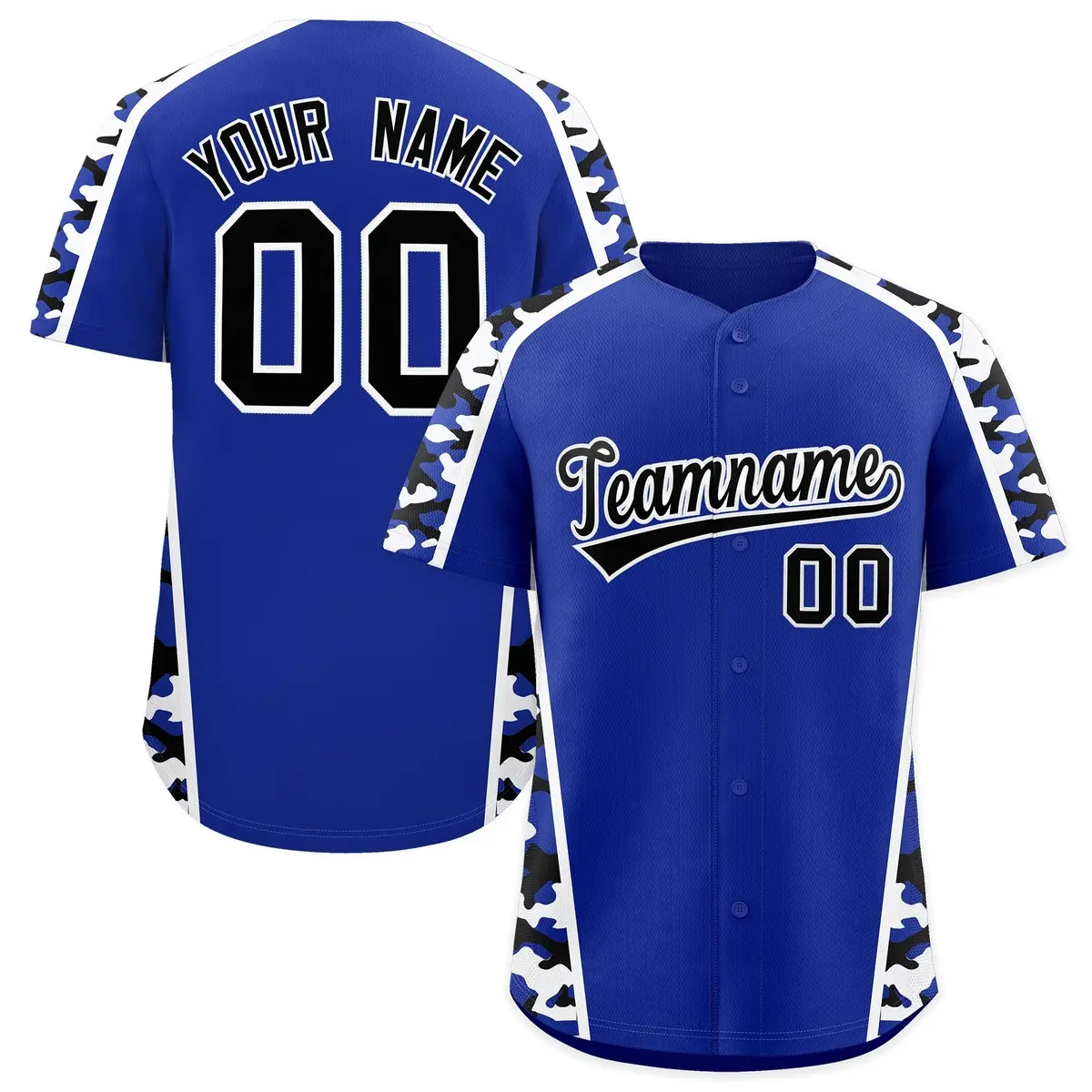 Royal Blue Black Side Camo Baseball Jersey