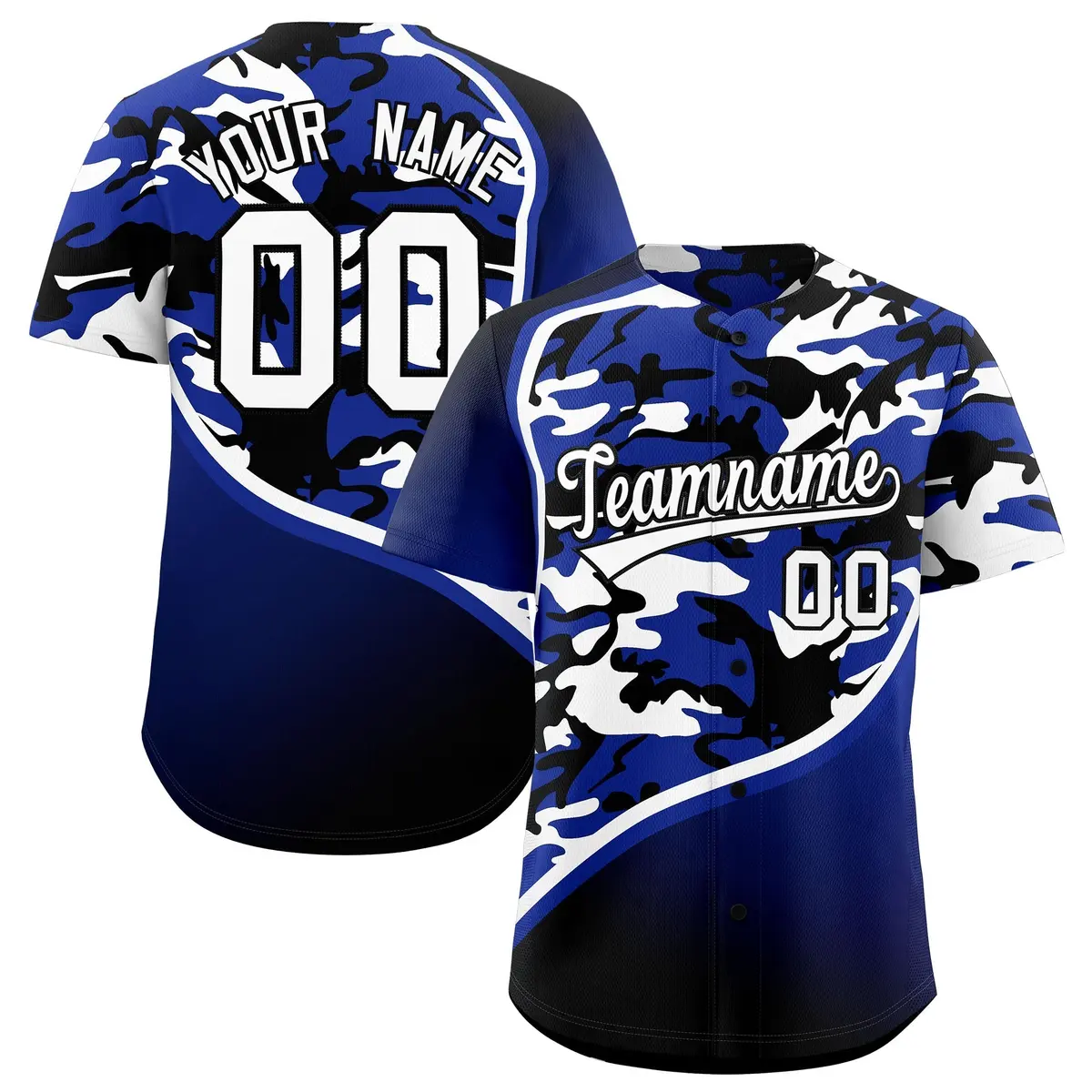 Royal Blue Black White Camo Gradient Fashion Baseball Jersey