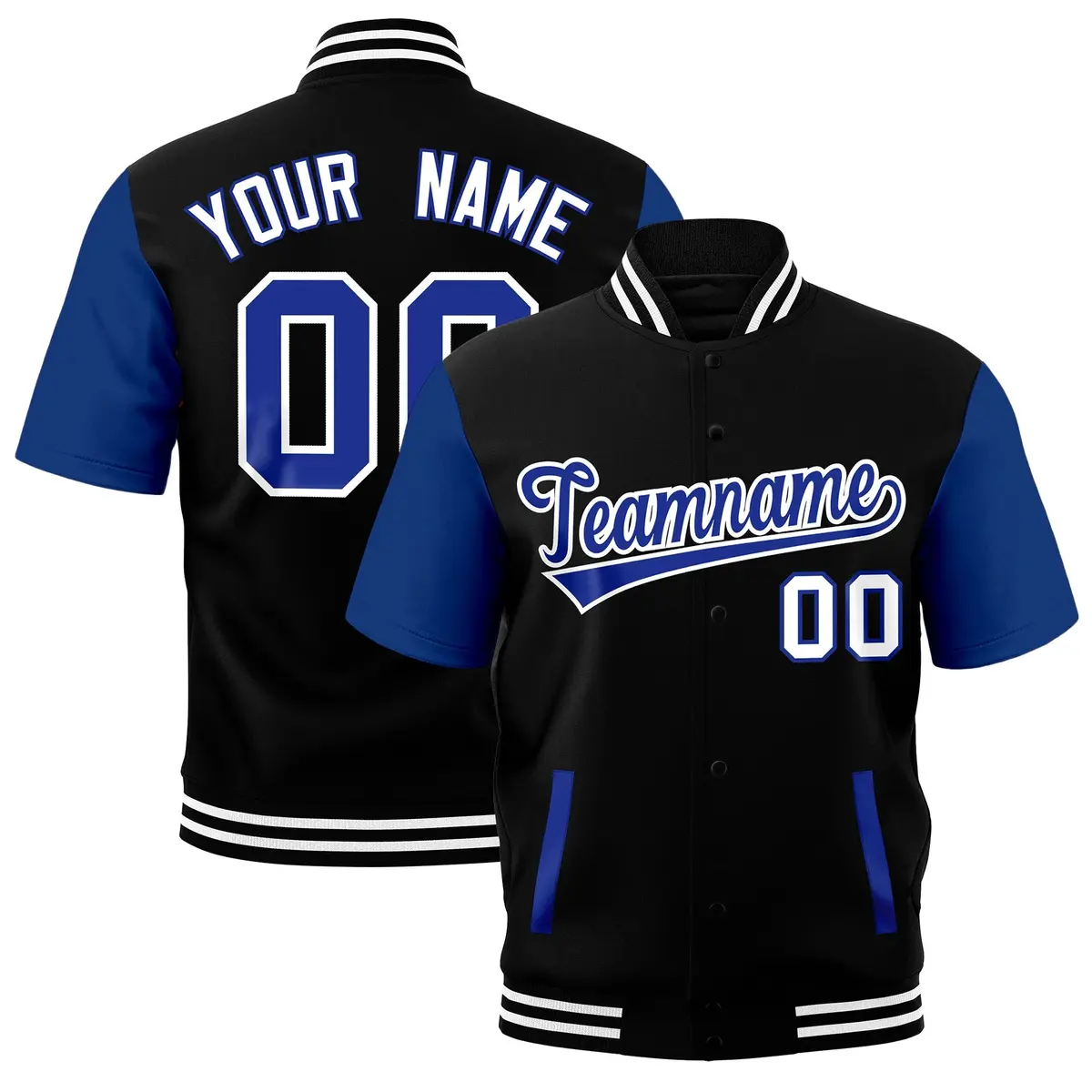 Royal Blue Black White Full-Snap Short Sleeve Varsity Jacket