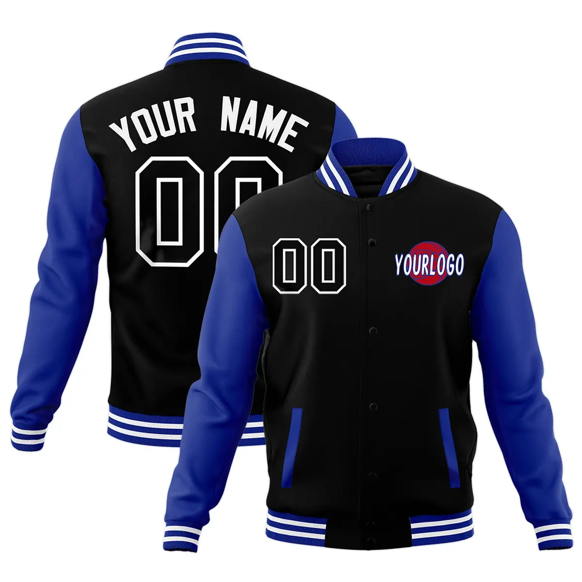 Royal Blue Black White Raglan Sleeve Cotton Letterman Jacket