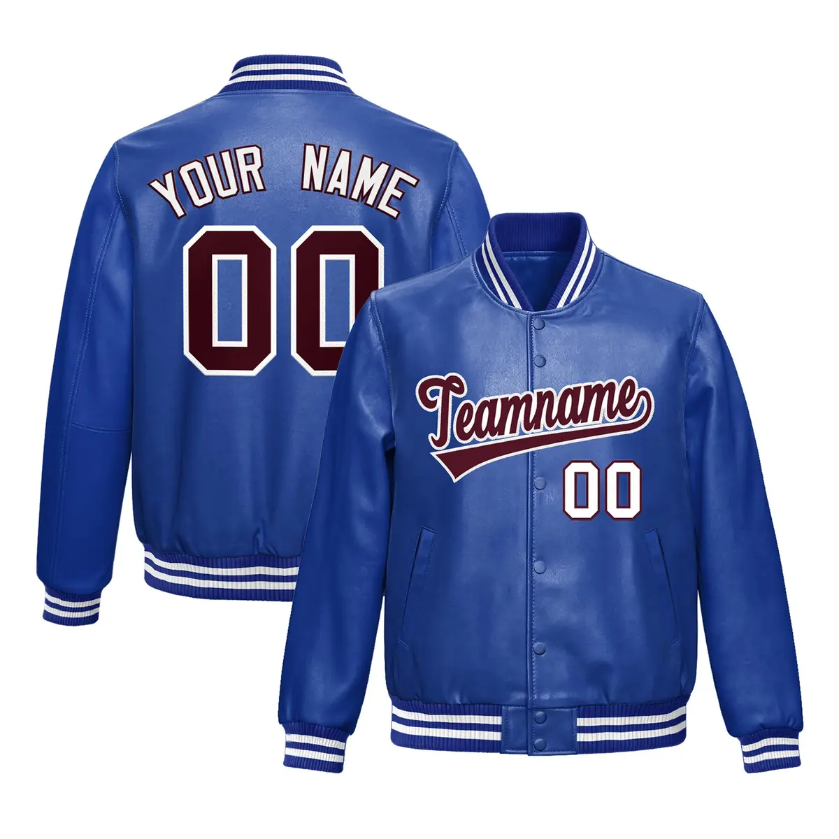 Royal Blue Crimson Faux Leather Letterman Jacket Full-Snap Varsity