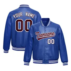 Royal Blue Crimson Faux Leather Letterman Jacket Full-Snap Varsity 1