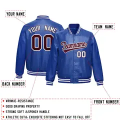 Royal Blue Crimson Faux Leather Letterman Jacket Full-Snap Varsity 2