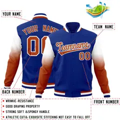Royal Blue Dark Orange White Gradient Raglan Varsity Letterman Jacket 2