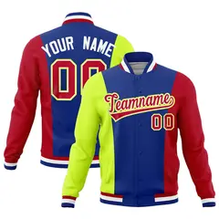 Royal Blue Fluorescent Green Red Three Color Block Varsity Letterman Jacket 1