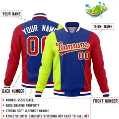 Royal Blue Fluorescent Green Red Three Color Block Varsity Letterman Jacket 2