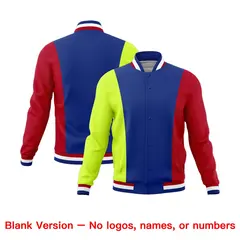 Royal Blue Fluorescent Green Red Three Color Block Varsity Letterman Jacket 7