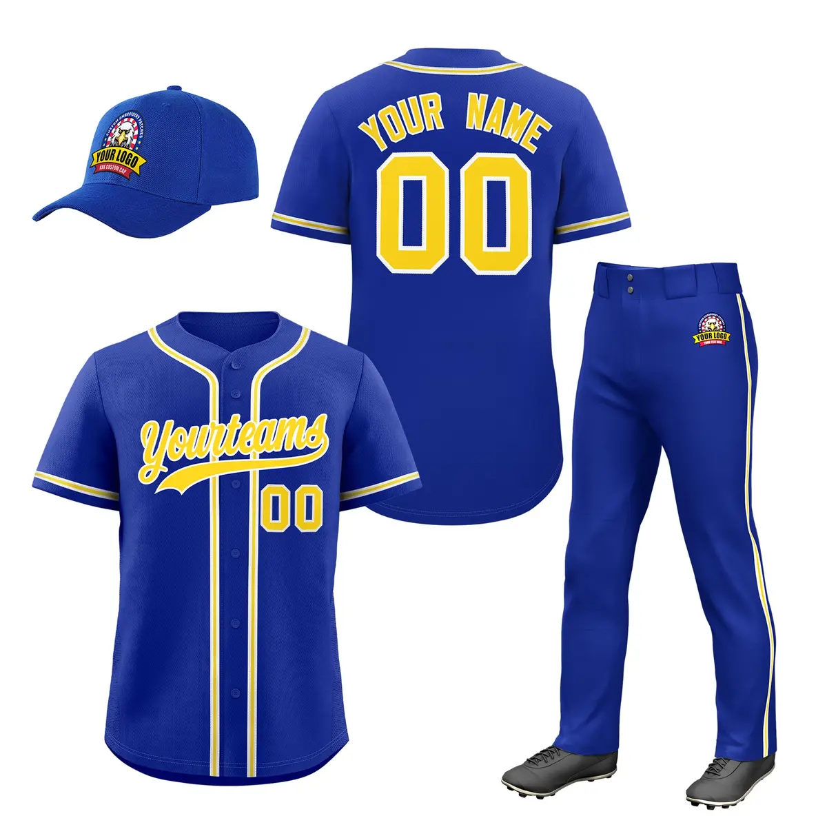 Royal Blue Gold Baseball Jersey Pants Hat Uniform Package