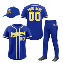 Royal Blue Gold Baseball Jersey Pants Hat Uniform Package