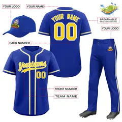 Royal Blue Gold Baseball Jersey Pants Hat Uniform Package 2