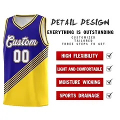Royal Blue Gold Diagonal Stripes Color Block Basketball Jersey 2