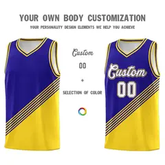 Royal Blue Gold Diagonal Stripes Color Block Basketball Jersey 3