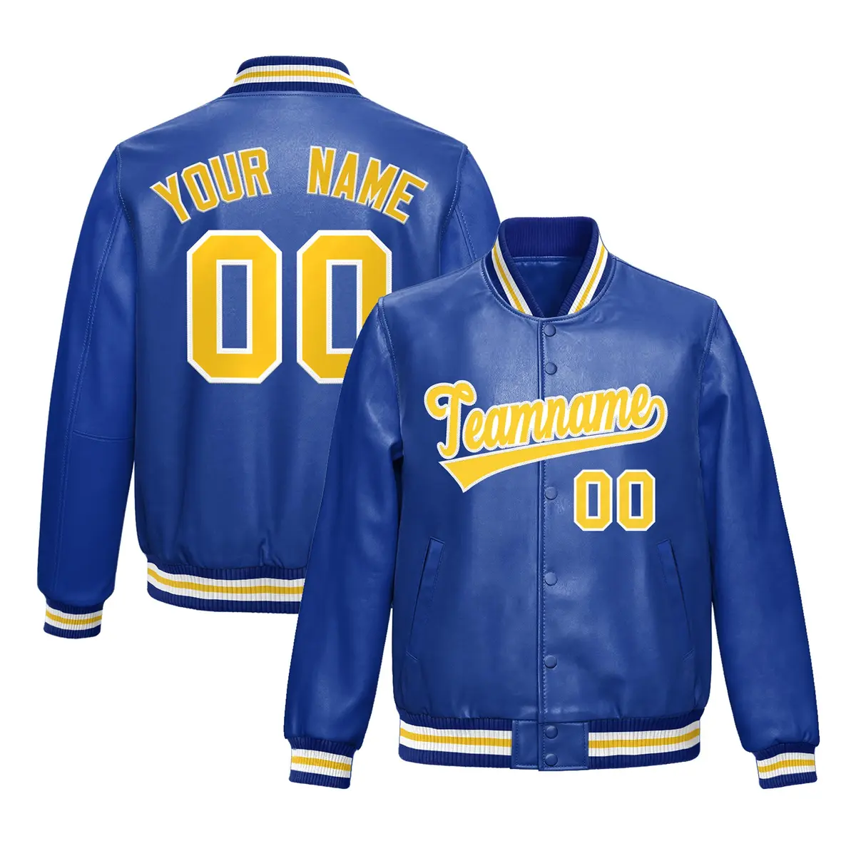 Royal Blue Gold Full-Snap Varsity Faux Leather Letterman Jacket