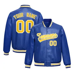 Royal Blue Gold Full-Snap Varsity Faux Leather Letterman Jacket