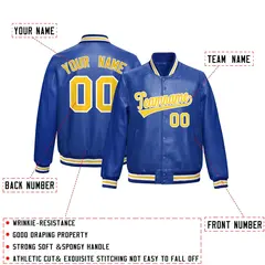 Royal Blue Gold Full-Snap Varsity Faux Leather Letterman Jacket 2