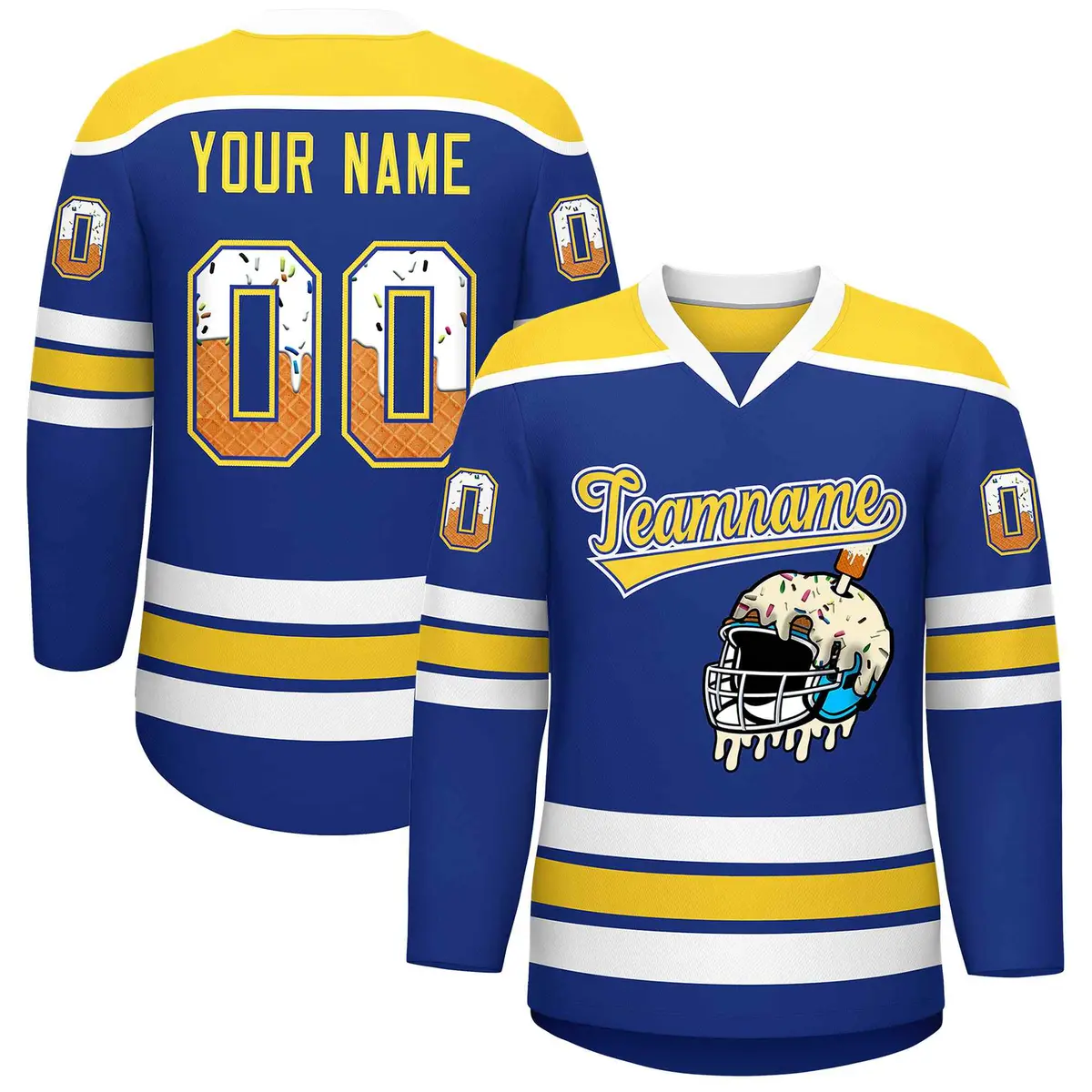 Royal Blue Gold Ice Cream Helmet Pattern Hockey Jersey