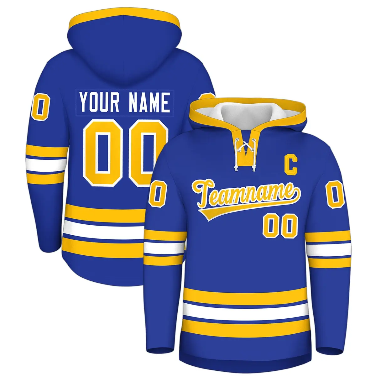 Royal Blue Gold Lace-Up Neck Hockey Hoodie Classic Style