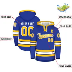 Royal Blue Gold Lace-Up Neck Hockey Hoodie Classic Style 2