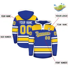 Royal Blue Gold Raglan Lace-Up Neck Hockey Hoodie Jersey 2