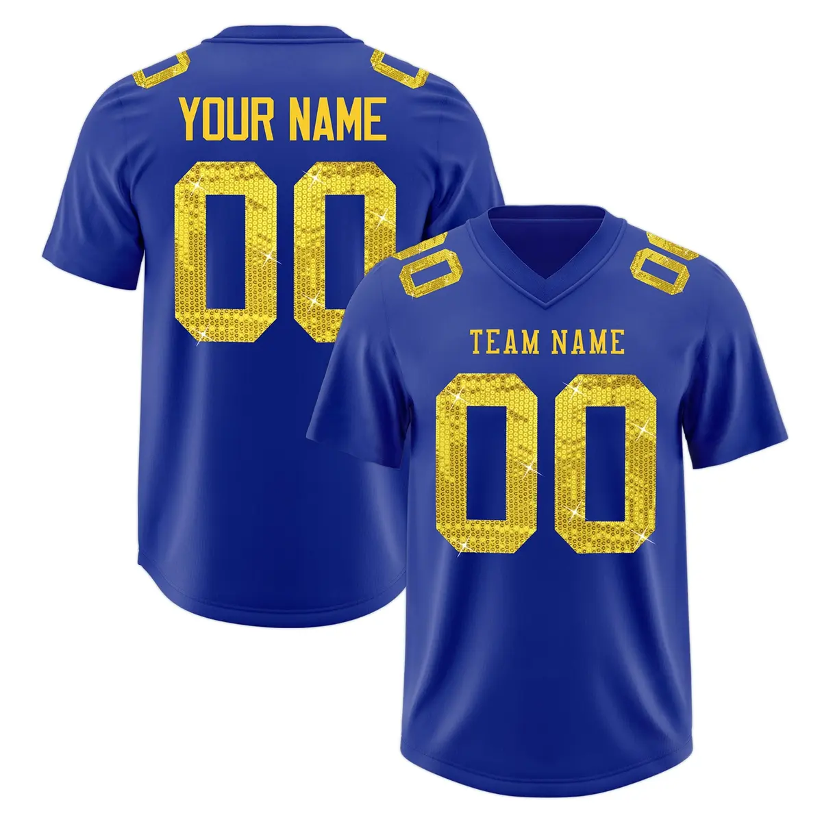 Royal Blue Gold Sequin Lettering Football Jersey